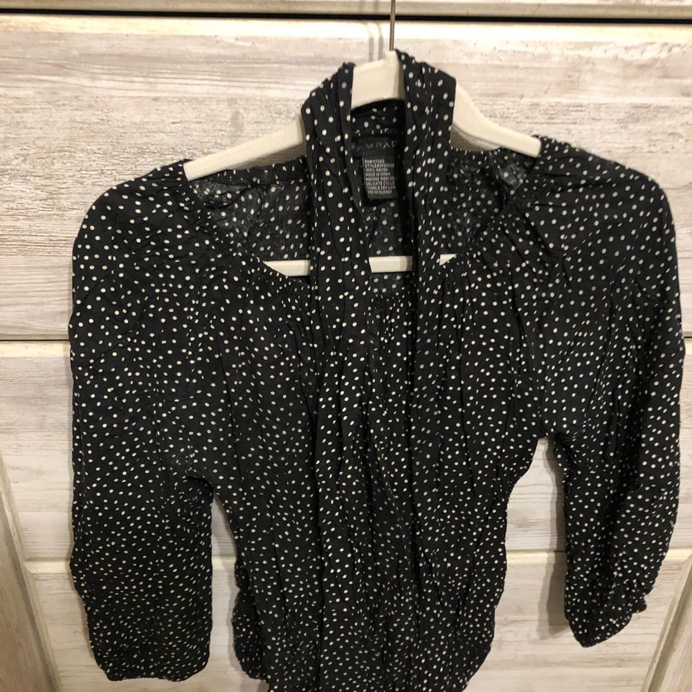 Black and white tie neck blouse